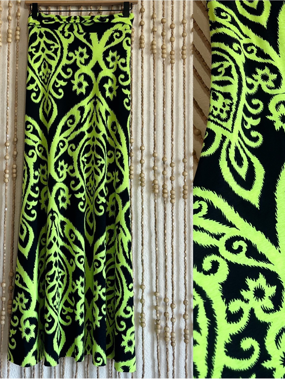 Boho Whimsy Goth Y2K Fold Over Waist Stretchy Neon Green Patterned Maxi Skirt